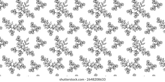 Flower seamless pattern in line mode on a transparent background. Floral seamless background for textile, wrapping, and Fabric. Black color