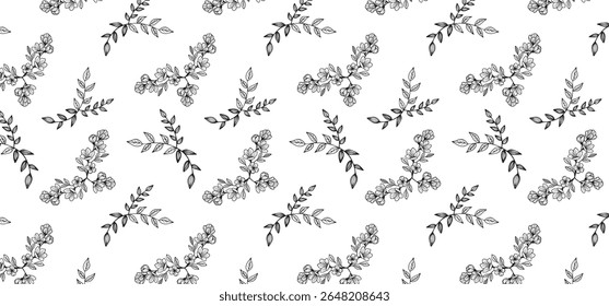 Flower seamless pattern in line mode on a transparent background. Floral seamless background for textile, wrapping, and Fabric. Black color
