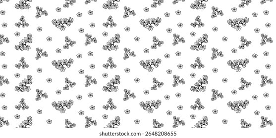 Flower seamless pattern in line mode on a transparent background. Floral seamless background for textile, wrapping, and Fabric. Black color