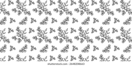 Flower seamless pattern in line mode on a transparent background. Floral seamless background for textile, wrapping, and Fabric. Black color
