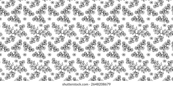 Flower seamless pattern in line mode on a transparent background. Floral seamless background for textile, wrapping, and Fabric. Black color