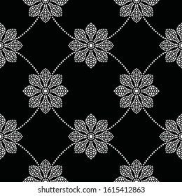 Flower seamless pattern. Mosaic dotted flower shapes in trellis. Floral motif in romantic style. Black and white vector illustration.
