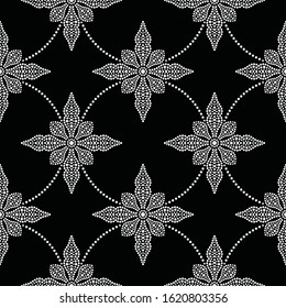 Flower seamless pattern. Mosaic dotted flower shapes in trellis. Floral motif in romantic style. Black and white vector illustration.