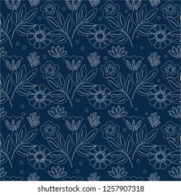 Flower seamless pattern, nature, hare, flowers and leaves, hand drawn, abstract, flowers flat design, vector illustration