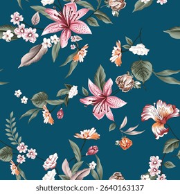 flower seamless pattern on blue background