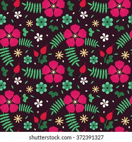 Flower seamless pattern on dark background with pink flowers and green leaves