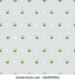 Flower seamless pattern on grey background. Hand drawn nature design. Vector  wallpaper with flowers and hearts. Kids sketch doodle style. Pastel color. Color texture for clothes, linens. Paper print.