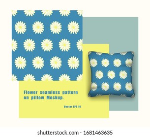 Flower seamless pattern. Flower pattern on pillow Mockup. Daisy flower seamless pattern design for textile, fabric, fashion, Wrapping paper, decoration. Flower on green and blue striped backgroun