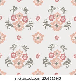 flower seamless pattern on pink tone , Motif ethnic  floral textil,  embroidery, print striped ornament floral, pattern, design for wrapping, silk, scarf, background,textile.