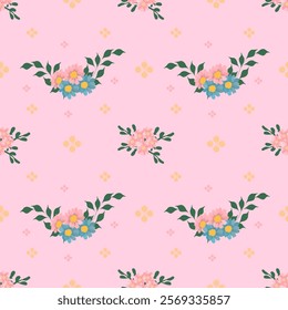 flower seamless pattern on pink tone , Motif ethnic  floral textil,  embroidery, print striped ornament floral, pattern, design for wrapping, silk, scarf, background,textile.