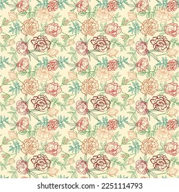 Blumennahtloses Muster auf gelbem Hintergrund mit Rosenkontur, im Stilstil gemalt