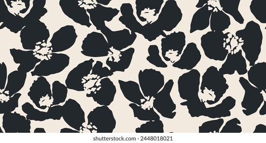 Flower seamless pattern. Organic shapes abstract floral background. Modern print in black and white colors for textile design, fabric, wallpaper, covers, cards, wall art, posters and decoration.