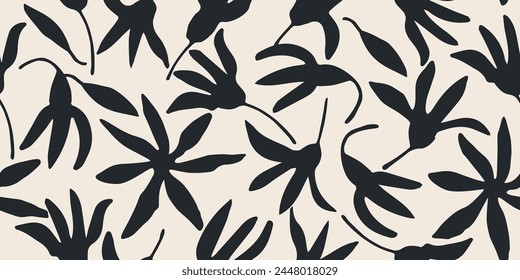 Flower seamless pattern. Organic shapes abstract floral background. Modern print in black and white colors for textile design, fabric, wallpaper, covers, cards, wall art, posters and decoration.