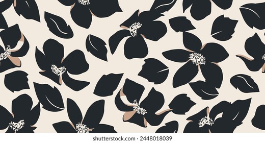 Flower seamless pattern. Organic shapes abstract floral background. Modern print in black and white colors for textile design, fabric, wallpaper, covers, cards, wall art, posters and decoration.