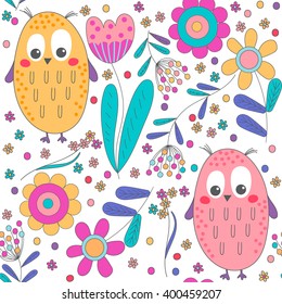 Flower seamless pattern with owls in cartoon style.Use it as pattern fills, web page background, surface textures, fabric or paper, backdrop design.Vector illustration.