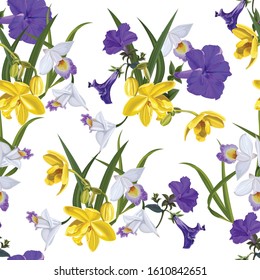 Flower seamless pattern with petunia purple and yellow orchid color on white background vector illustration