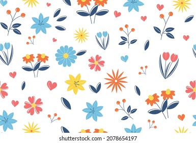 Flower seamless pattern. Pictures for printing on childrens clothing. Summer, nature, spring. Plants foliage greenery. Ornament, repeat, textile, pretty image. Cartoon flat vector illustration