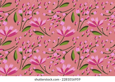 Flower seamless pattern pink cherry blossom floral pattern old rose with green leaf and flower buds. Vector illustration design for textile fabric interior and craft paper background wallpaper. pink 