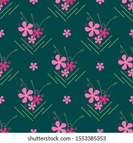 Flower seamless pattern of pink flowers with elements on dark green. Vector illustration of repeat floral backdrop for cover, scrapbooking, wrapping paper, fashion, textile, print, wallpaper design.