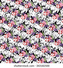Flower seamless pattern with pink, lilac and white elements on black background