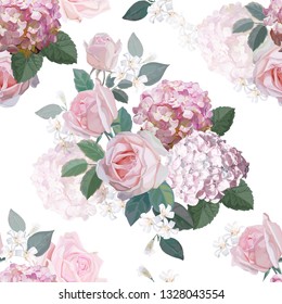 Flower seamless pattern with pink rose and hydrangea vector illustration