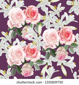 Flower seamless pattern with pink rose and agapanthus  vector illustration