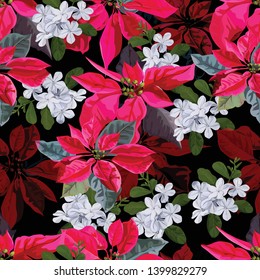 Flower seamless pattern of poinsettia flower with white vinca flower  - vector