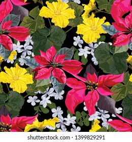 Flower seamless pattern of poinsettia flower with white vinca flower  - vector