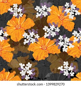 Flor sin fisuras de flor de calabaza con flor de vinca sobre fondo negro. Vector  