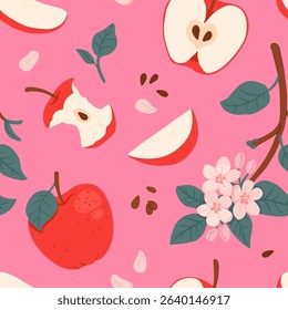 Flower seamless pattern with red Apples and bloom Branch. Repeating pink background with fruits harvest and blossom plants. Hand drawn vector botanical illustration for design, print, paper, card