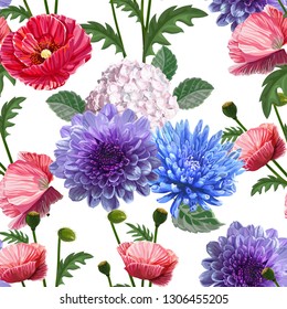 Flower seamless pattern with red poppy    ,chrysanthemum and hydrangea- vector 