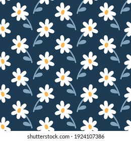 Flower seamless pattern. Repeat ornament with camomile flowers. 
Texture with daisy flowers on blue background. Design for textile, wallpaper, fabric. Vector 