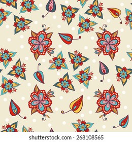 Flower seamless pattern. Repeated tile of doodle leaves and flowers. Camomile, bluebell, tulip floral decorative print. Vector illustration.