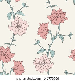 Flower seamless pattern. Repeating background with branches of petunia flowers. Delicate shabby chic print. Gentle vintage texture