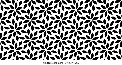 Flower seamless pattern. Repeating geometric leaf. Black floral on white background. Repeated abstract simple for design spring prints. Repeat leaves. Monochrome modern swatch. Vector illustration