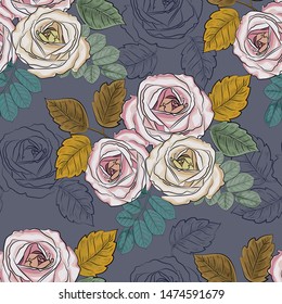 Flower seamless pattern with rose line art and vintage styles