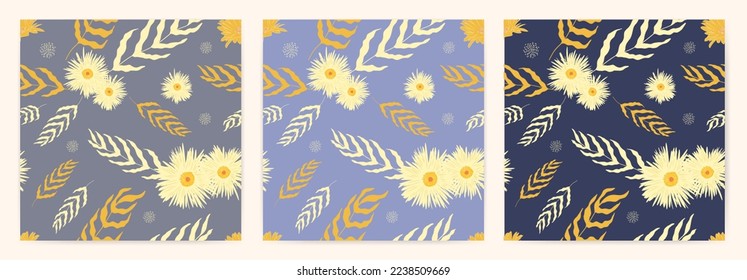 Flower Seamless Pattern Set with foliage ornament and different background colors.  Perfect for paper, textile, fabric, print, decor ornament, cover, etc