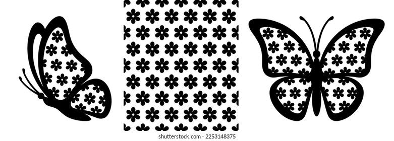 Flower seamless pattern and side view monarch butterfly silhouette. Spring butterfly vector icon and floral seamless texture swatch background for print design, greeting card, gift certificate