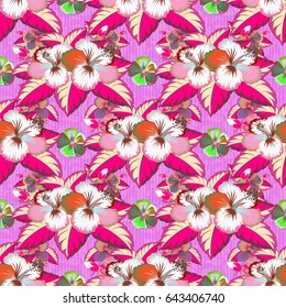 Flower seamless pattern simple floral print with small flowers. Vector design in green and pink colors. Ditsy style.