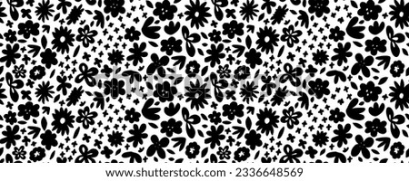 Flower seamless pattern. Simple floral texture. Flower silhouettes. Small meadow plants. Summer botanical background. Design for fabric and texture, dresess,