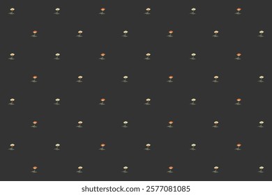 Flower seamless pattern with small cosmos blossom and leaf in cream orange n green on black gray background. Vector illustration. For masculine male shirt lady dress cloth textile vacation cover print