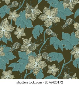 Flower seamless pattern. Surface design for fabric, wallpaper, wrapping paper, scrapbooking, invitation cards. Dark grey, blue, black colors.