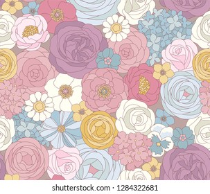 Flower seamless pattern for textile, wrapping paper and wallpaper. Botanical illustration. Vector design.