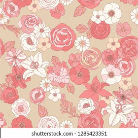 Flower seamless pattern for textile, wrapping paper and wallpaper. Botanical illustration. Vector design.