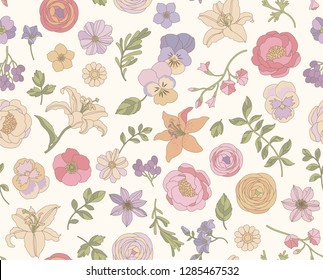 Flower seamless pattern for textile, wrapping paper and wallpaper. Botanical illustration. Vector design.