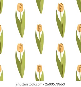 Flower seamless pattern with tulips isolated on white background. Floral vector illustration for fabric and paper design