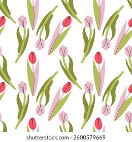 Flower seamless pattern with tulips isolated on white background. Floral vector illustration for fabric and paper design