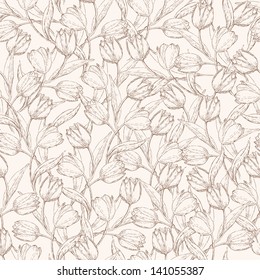 Flower seamless pattern with tulips. Summer graphic floral background in vintage style