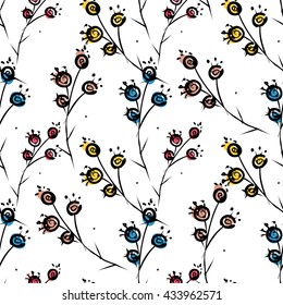 Flower seamless pattern. Vector branch Floral hand drawn texture. Sketch, free hand. Textile, ink graphic. 