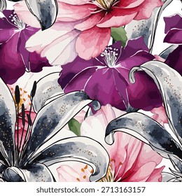 Nahtloses Blumenmuster. Vektor Blumenvorlage Design Aquarell Stil. Luxuriöses buntes trendiges zeitgenössisches botanisches Design für Prints, Textilien, Stoffe, Poster, Einladungen, Branding. Keine AI